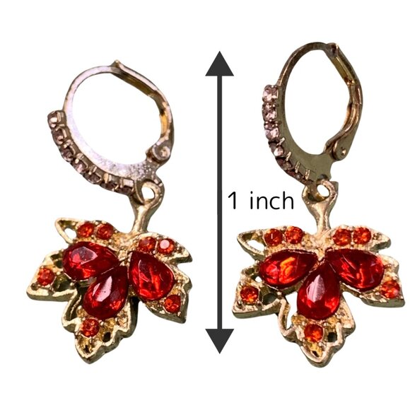 Autumn Leaves Small Earrings Gold Tone and Red - Picture 4 of 4